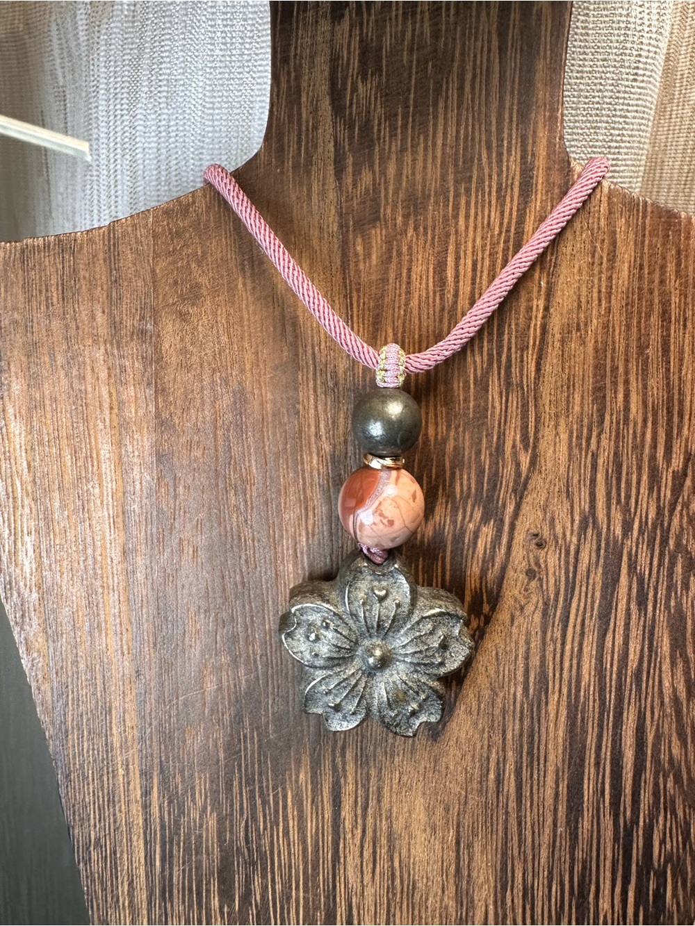 Pyrite Daisy Flower Pendant Necklace on Pink Adjustable Rope - Picture 10 of 15